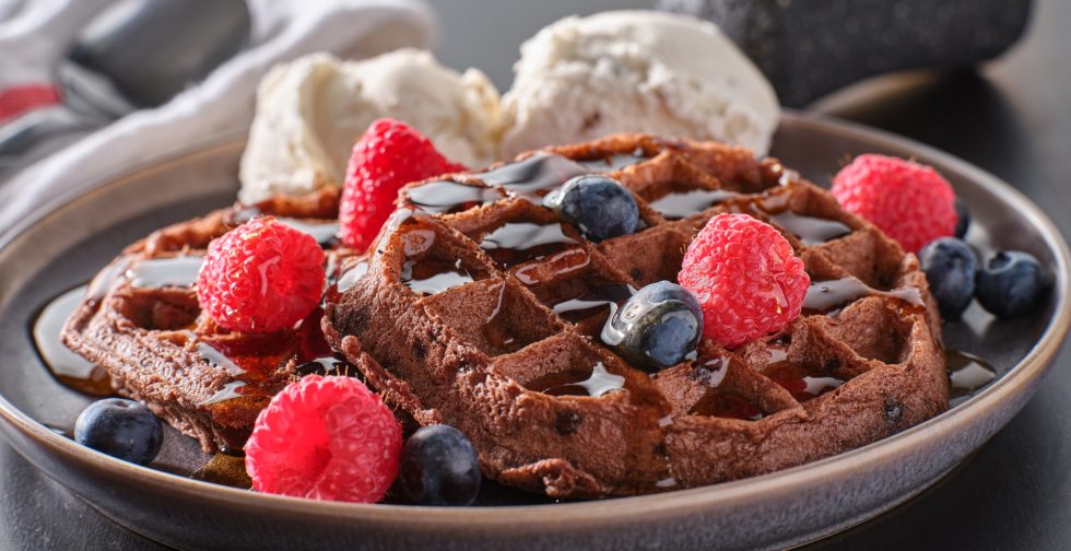 chocolate waffles with icecream and berries