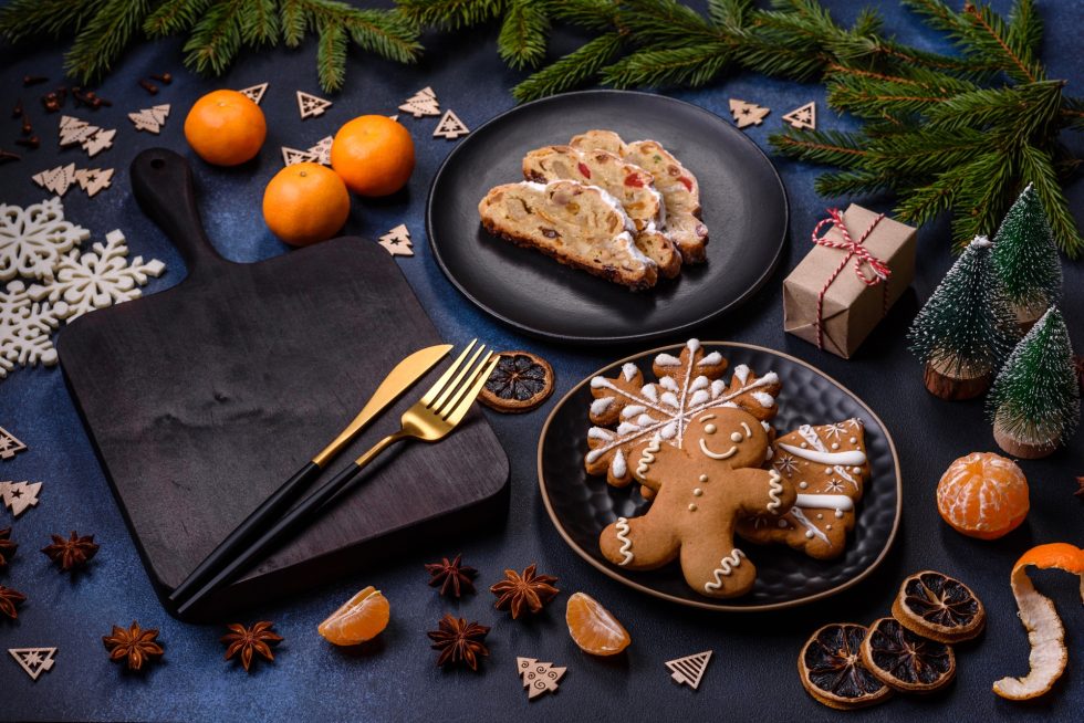 Delicious festive New Year's pie with candied fruits, marzipan and nuts